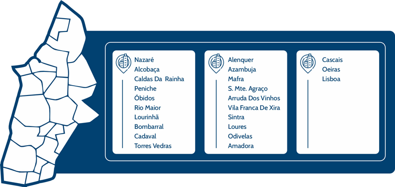Mapa de Municípios da área de atuação da Águas do Tejo Atlântico